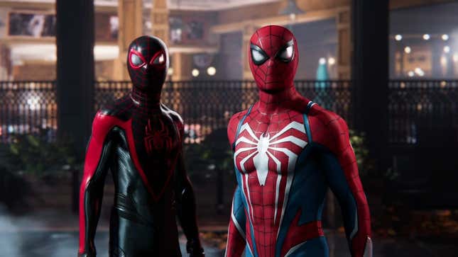 Peter Parker and Miles Morales stand next to each other in the trailer for PS5's upcoming Spider-Man 2.