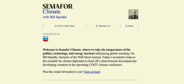 Semafor’s climate newsletter launched with Chevron as a sponsor.