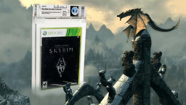 A dragon in Skyrim yelling at a large copy of Skyrim standing in the mountains. 