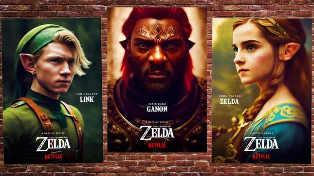 Three posters show Tom Holland as Link, Emma Watson as Zelda, and Idris Elba as Ganon.