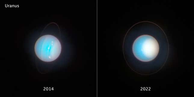 Uranus seen by Hubble in 2014 and 2022.