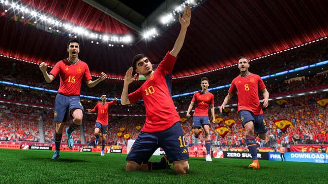 A FIFA 23 image showing some soccer players celebrating on the field.