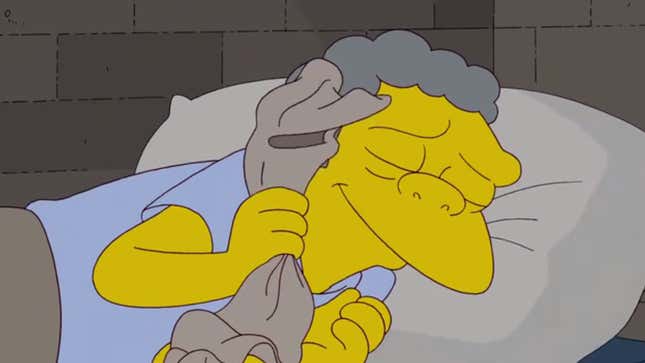 A screenshot from The Simpsons shows Moe sleeping with his talking bar towel. 