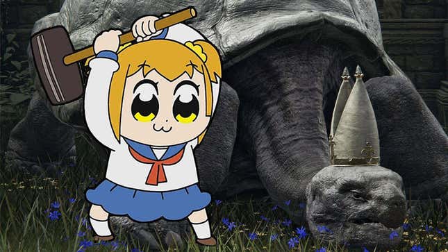 Popuko from Pop Team Epic holds a mallet over her head while staring at Elden Ring's turtle pope, Miriel. 