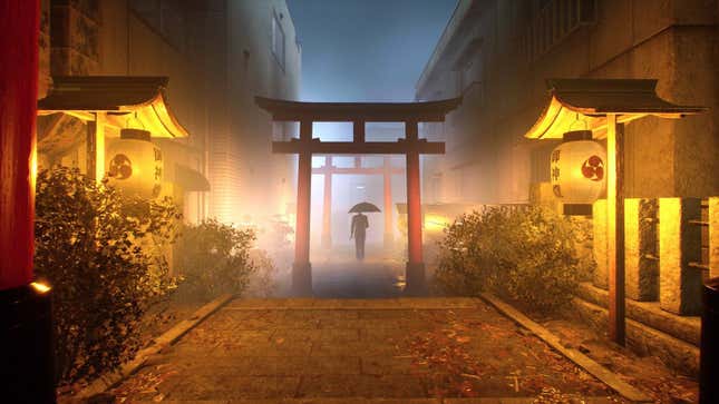 a man holding an umbrella walks down an alleyway in ghostwire tokyo