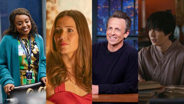 Quinta Brunson in Abbott Elementary; Mandy Moore in This Is Us; Seth Meyers in Late Night With Seth Meyers; Lee Min-ho in Pachinko