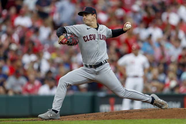 Aug 15, 2023; Cincinnati, Ohio, USA; Cleveland Guardians starting pitcher Logan Allen (41) pitches against the Cincinnati Reds in the first inning at Great American Ball Park.