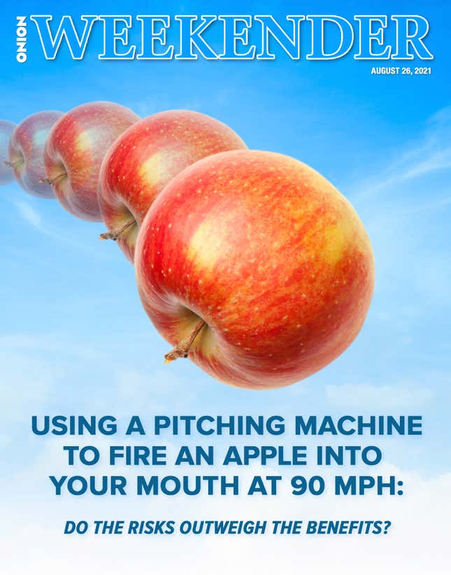 Image for article titled Using A Pitching Machine To Fire An Apple Into Your Mouth At 90 MPH: Do The Risks Outweigh The Benefits?