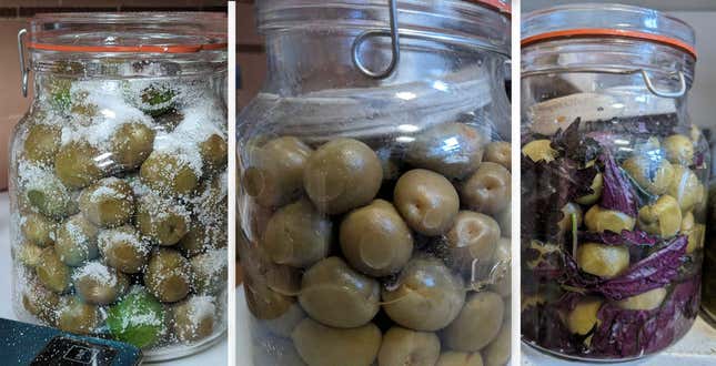 Progression of umeboshi. Salted fresh plums, covered in umeshu a month later, and with shiso added. 