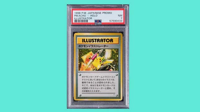 A rare Pikachu Illustrator Pokémon card hangs in front of a teal background. 