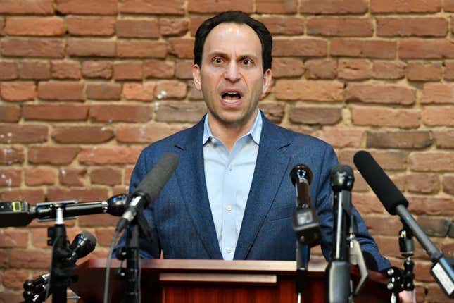 Louisville Democratic mayoral candidate Craig Greenberg speaks during a news conference in Louisville, Ky., Monday, Feb. 14, 2022. Greenberg was shot at Monday morning at a campaign office but was not struck, though a bullet grazed a piece of his clothing, police said.
