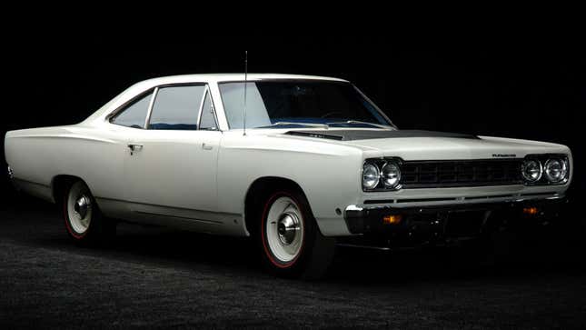 A photo of a white Plymouth Road Runner. 