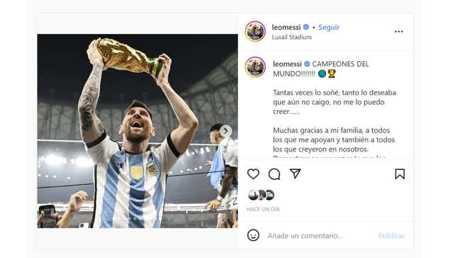 Imagen para el artículo titulado El post de Messi con la copa del mundo ya es la foto con más likes de la historia de Instagram
