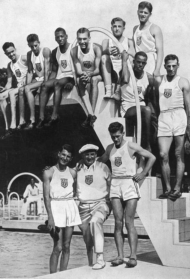 Members of the USA AAU (Amateur Athletic Union), and candidates for the 1936 Berlin Olympics. They include Ivan Fuqua, Edward T O’Brien (Silver, 4x400m relay), Matthew Robinson (Silver, 200 metres sprint), Glenn Hardin (Gold, 400 metre hurdles), Cornelius Cooper Johnson (Gold, high jump), Lymann, Eulace Peacock, Joe McCluskey and Gene Venzke.