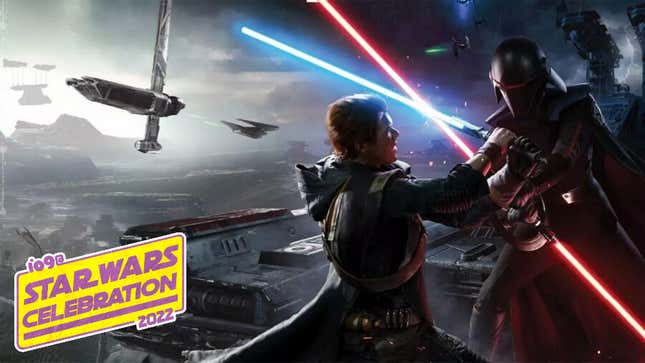 Promo art of Star Wars Jedi: Fallen Order, featuring Cal Kestis fighting the Second Sister. 