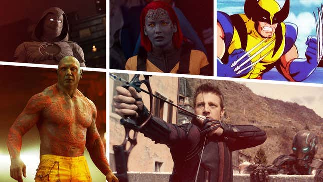 (Clockwork from lower left to right) Dave Bautista as Drax in Guardians Of The Galaxy (Image: Marvel Studios), Oscar Isaac as Moon Knight in Moon Knight (Image: Marvel Studios), Jennifer Lawrence as Mystique in X-Men: Dark Phoenix (Image: 20th Century Fox), The Wolverine in X-Men: The Animated Series (Image: 20th Century Fox Television), and Jeremy Renner as Hawkeye in Avengers: Age Of Ultron (Image: Marvel Studios)