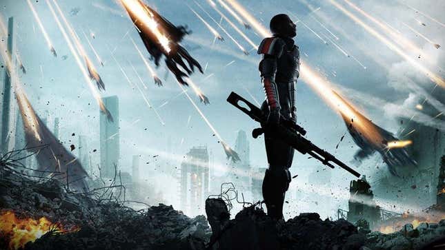 Mass Effect's Commander Shepard stands amid the rubble of Earth as the Reapers attack. 