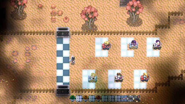Characters in various colorful vehicles are lined up at the start of a race track, rendered in pixelated graphics..