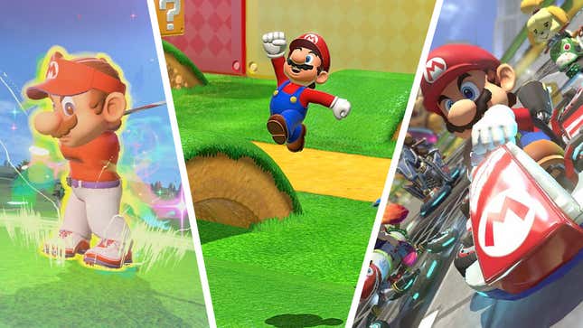 Collage of Mario Golf: Super Rush, Super Mario 3D World + Bowser’s Fury, Mario Kart 8 Deluxe.