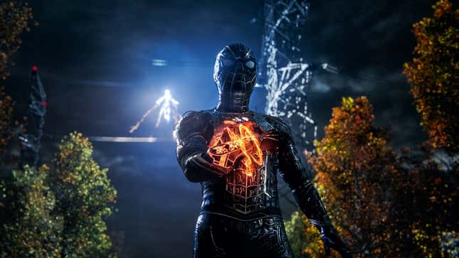 Spider-Man preparing himself to fight Electro near a radio tower.