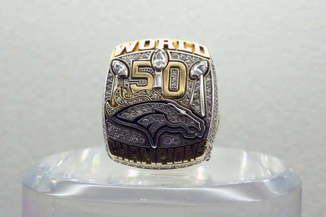 Feb 11, 2023; Phoenix, AZ, USA; The Super Bowl 50 ring to commemorate the Denver Broncos 24-10 victory over the Carolina Panthers in Super Bowl 50 at Levi&#39;s Stadium in Santa Clara, Calif. Feb. 7, 2016.