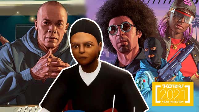 A collage of GTA Online characters and Dr.Dre as well as an NPC from the remastered GTA Trilogy.