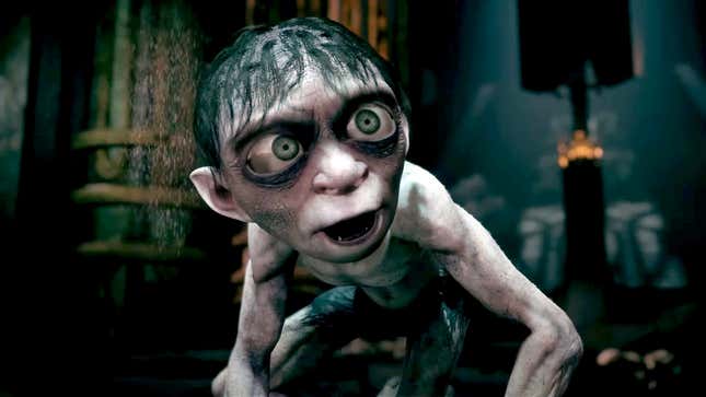 Gollum looks somewhat cross-eyed at something slightly off-screen in The Lord of the Rings: Gollum.