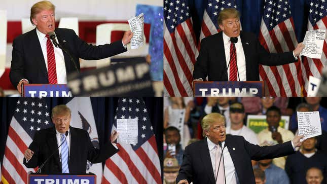 Trump touts the latest poll data at every rally (often with his notes as a visual aid).