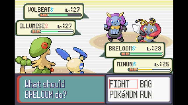 Breloom and Minun fight Volbeat and Illumise in Pokémon Ruby and Sapphire, some of the best games of 2002.