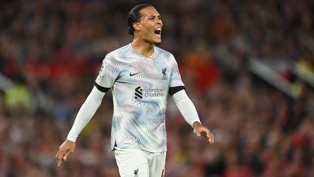 Liverpool’s Virgil van Dijk in action during the Premier League match between Manchester United and Liverpool FC at Old Trafford on August 22, 2022 in Manchester, England.