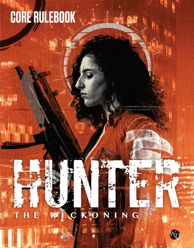 The cover of 2022's Hunter: The Reckoning shows a woman holding a submachine gun.