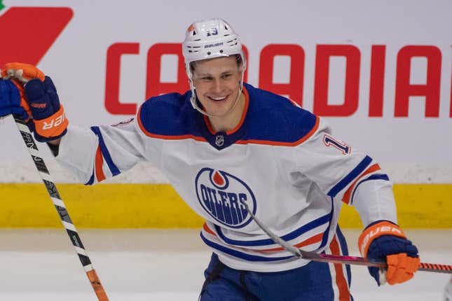 Feb 11, 2023; Ottawa, Ontario, CAN; Edmonton Oilers right wing Jesse Puljujarvi (13) celebrates his goal scored against the Ottawa Senators in the third period at the Canadian Tire Centre.