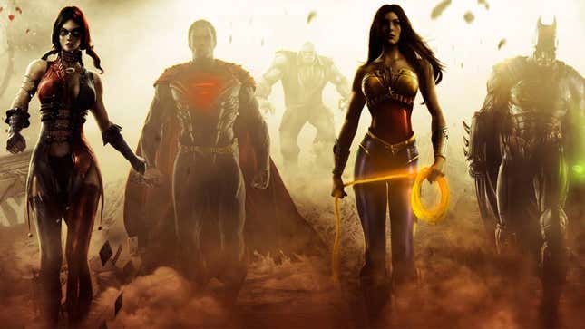 Key art for Injustice: Gods Among Us featuring Harley Quinn, Superman, Wonder Woman, and Batman.