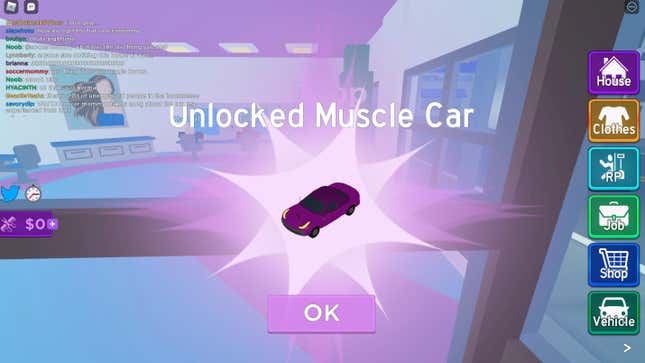 A small purple muscle car appears in a Roblox pop-up notification.