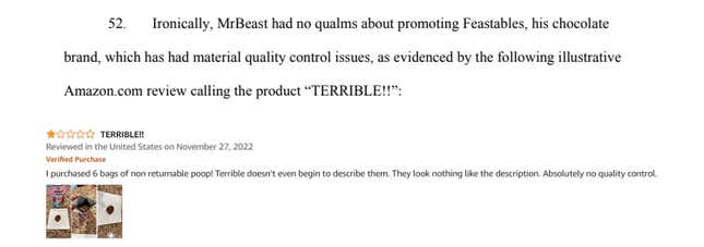 A screenshot of the lawsuit shows a negative candy review. 