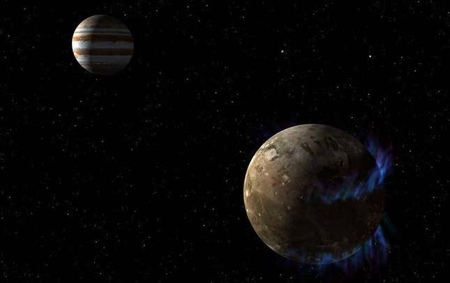 Ganymede (front) in an artist’s concept depicting its magnetic fields.