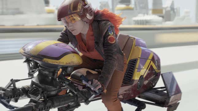 Natasha Liu Bordizzo als Sabine Wren fährt auf einem lila-gelben Speeder-Bike.