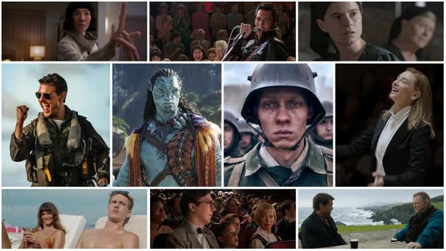 (Clockwise from bottom left:) Triangle Of Sadness (Neon), Top Gun: Maverick (Courtesy Paramount Pictures), Everything Everywhere All At Once (Allyson Riggs), Elvis (Warner Bros.), Women Talking (Courtesy United Artists), Tár (Courtesy of Focus Features), The Banshees Of Inisherin (Courtesy of Searchlight Pictures), The Fabelmans (Merie Weismiller Wallace / Universal Pictures and Amblin Entertainment) Avatar: The Way Of Water (Walt Disney Studios), All Quiet On The Western Front (Reiner Bajo)