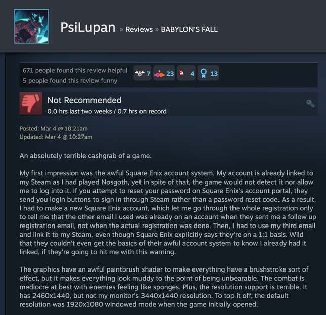 Image for article titled Babylon’s Fall, As Told By Steam Reviews