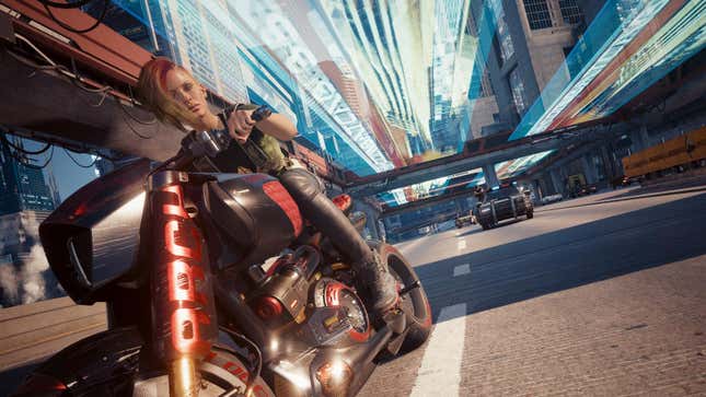 Claire's V is shown driving her motorcycle through Night City.