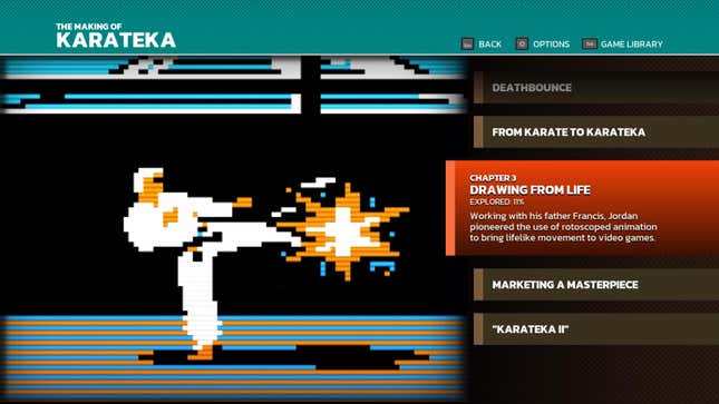 A menu screen from The Making of Karateka shows the hero kicking while options include "From Karate to Karateka," "Drawing From Life," and "Marketing a Masterpiece."