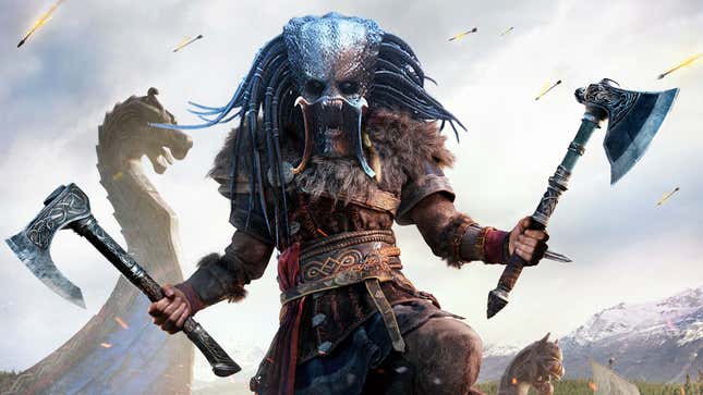 A Predator screams while wearing a viking outfit and carrying two large axes. 