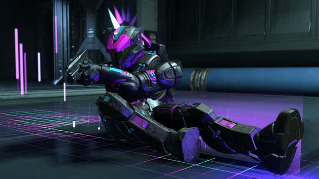 A Spartan wearing a neon mohawk slides in Halo Infinite while shooting a pistol.