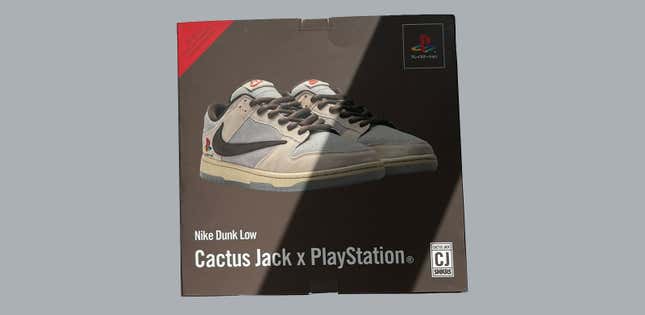 The PS1-inspired box art for Travis Scott’s PlayStation Dunk Lows