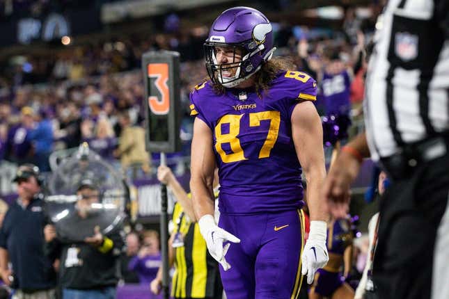 Nov 24, 2022; Minneapolis, Minnesota, USA; Minnesota Vikings tight end T.J. Hockenson (87) celebrates his touchdown against the New England Patriots during the second quarter at U.S. Bank Stadium.