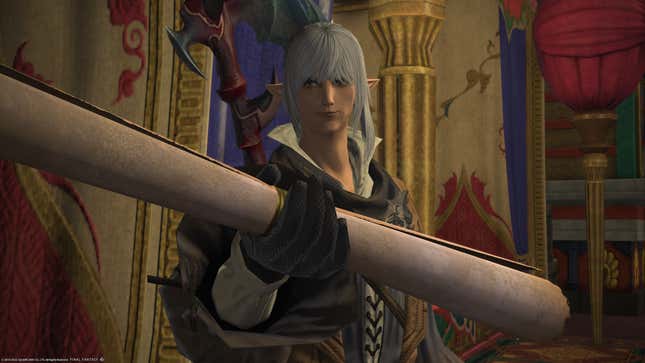 FFXIV character Estinien Wyrmblood, a long-haired elven man, holds up a scroll towards the camera.