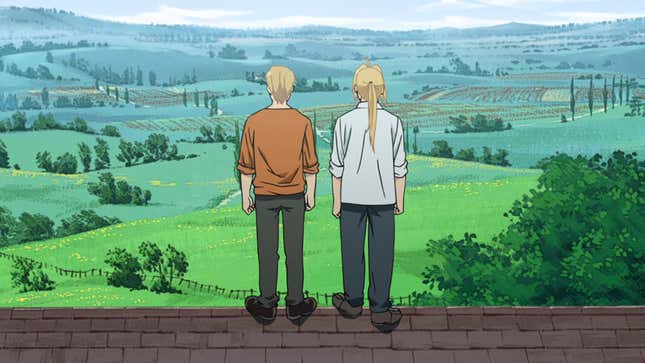 Two figures stand on a roof looking out at a green, natural landscape.