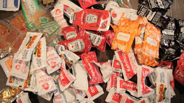 an assortment of sauce packets