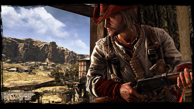 A cowboy with a rifle and wearing a white shirt stands outside a window overlooking cliffs.
