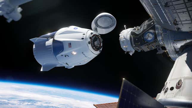 Artistic impression of Crew Dragon approaching the Harmony module at the ISS.